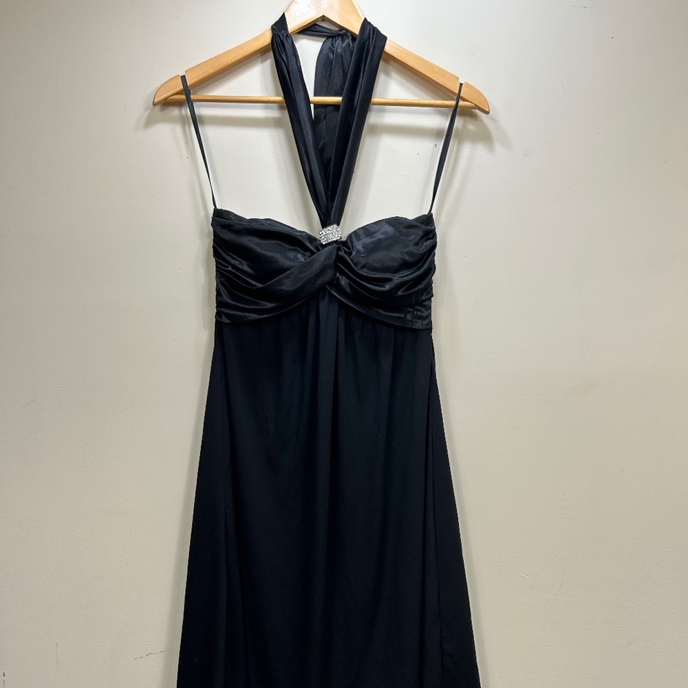 My Michelle Black Dress with Tie Neck and Brooch